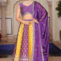Impressive Purple and Yellow Embroidered Silk Lehenga Choli with Dupatta for Festive Occasion