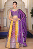 Impressive Purple and Yellow Embroidered Silk Lehenga Choli with Dupatta for Festive Occasion