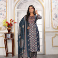 Elegant Navy Blue Printed Chanderi Salwar Suit with Matching Dupatta