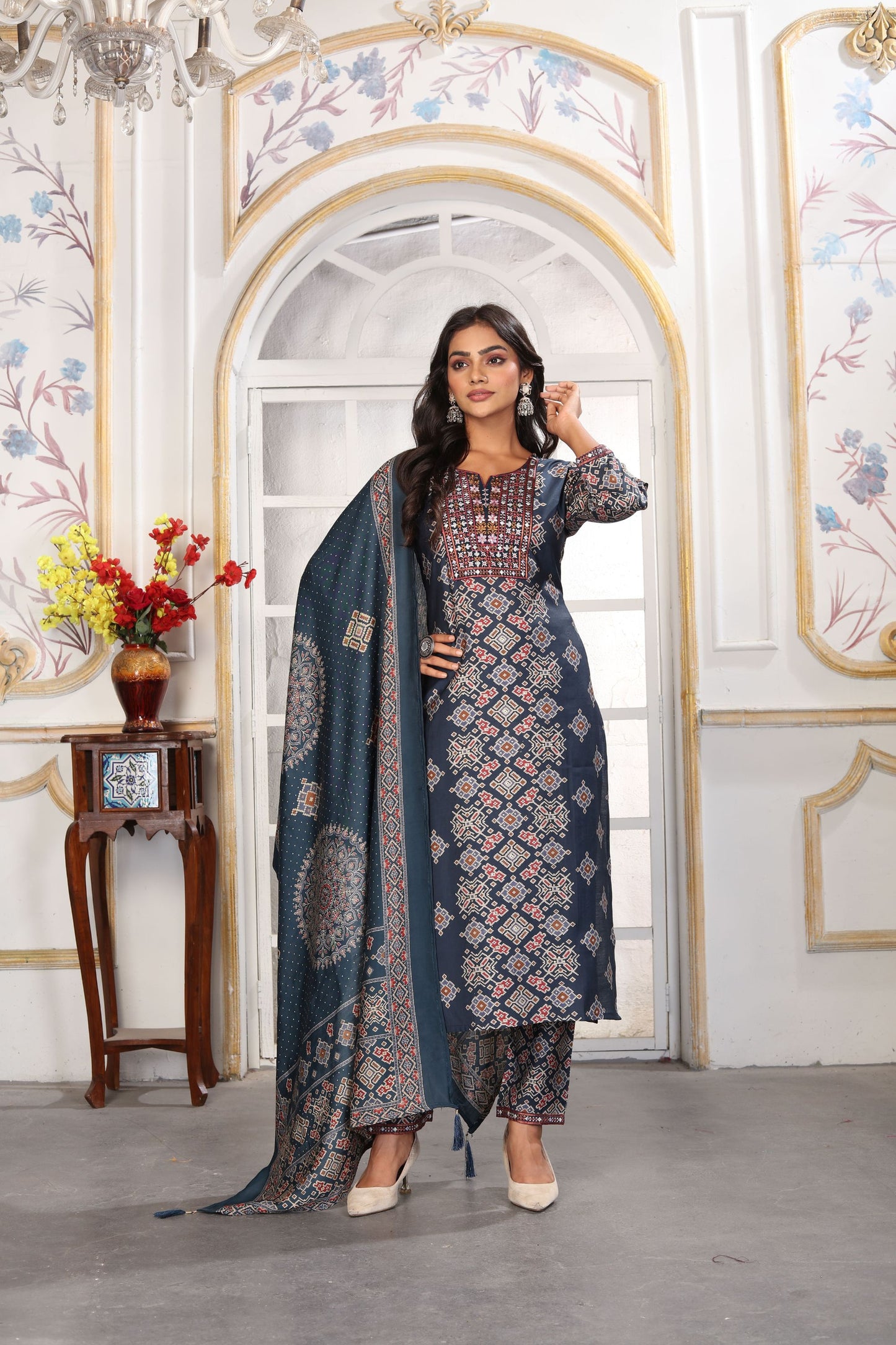 Elegant Navy Blue Printed Chanderi Salwar Suit with Matching Dupatta