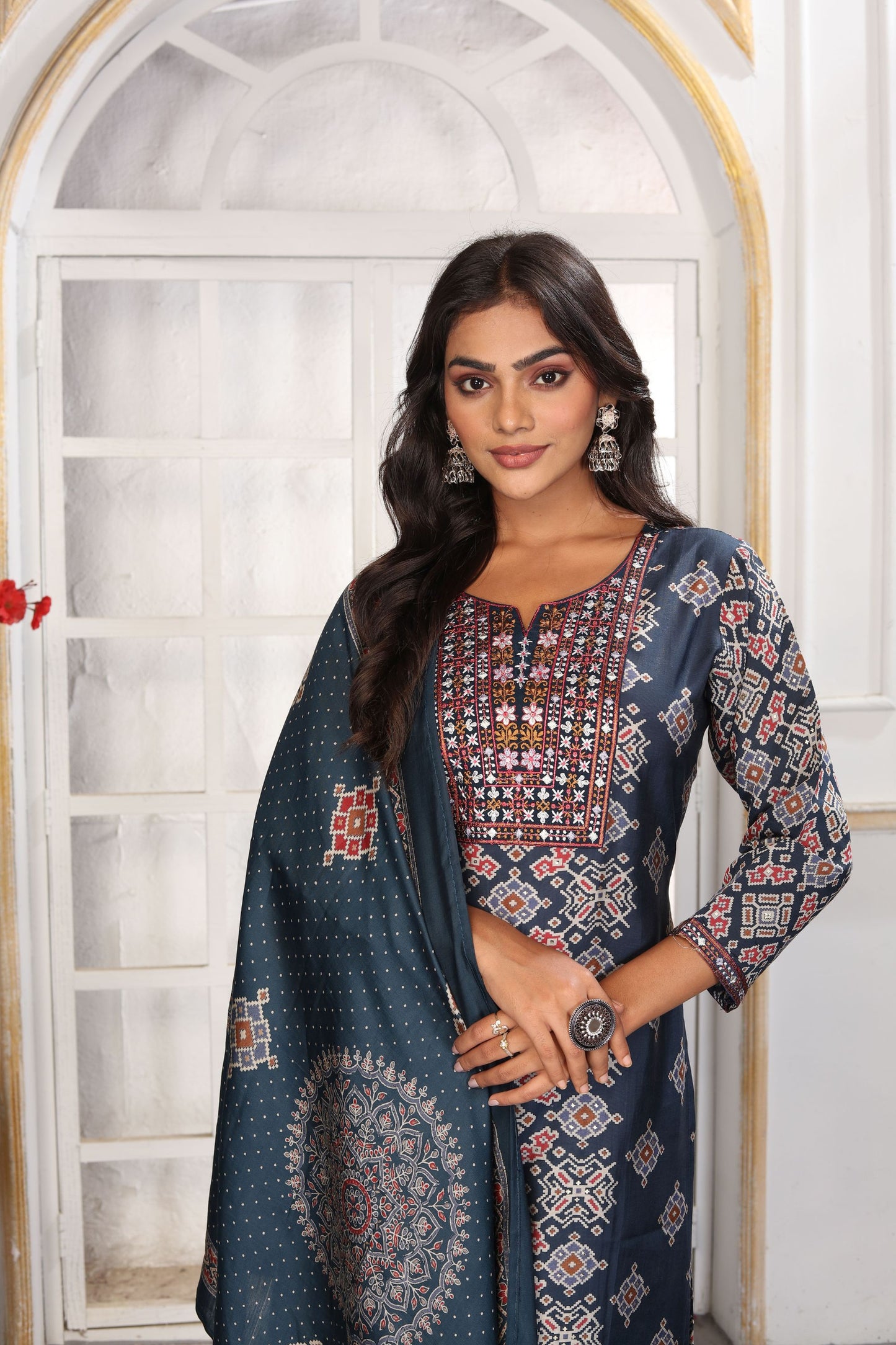 Elegant Navy Blue Printed Chanderi Salwar Suit with Matching Dupatta