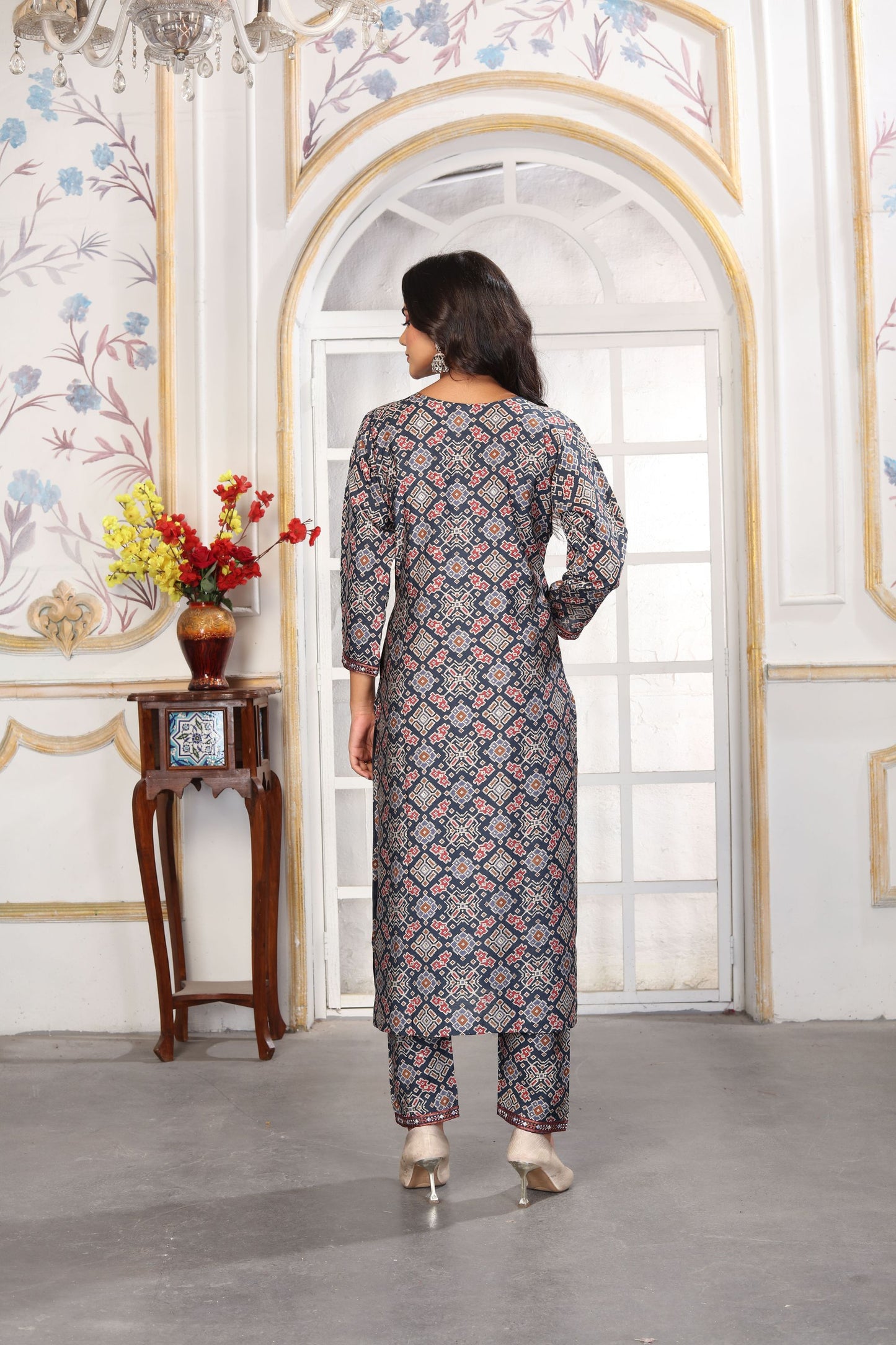 Elegant Navy Blue Printed Chanderi Salwar Suit with Matching Dupatta