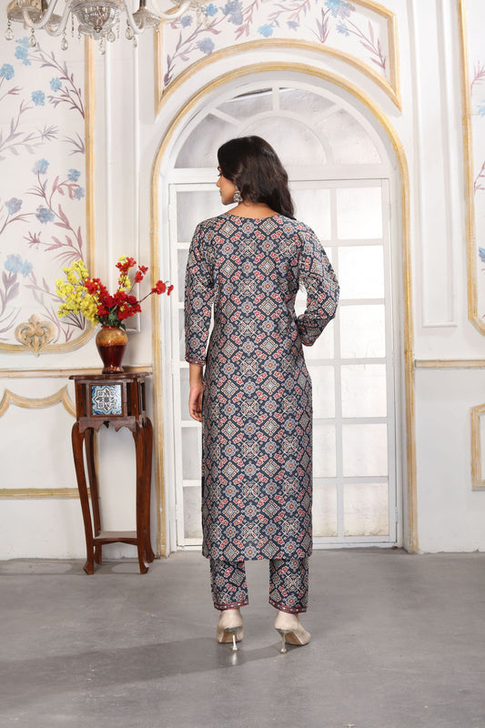 Elegant Navy Blue Printed Chanderi Salwar Suit with Matching Dupatta