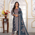 Elegant Navy Blue Printed Chanderi Salwar Suit with Matching Dupatta