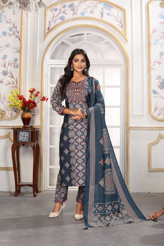 Elegant Navy Blue Printed Chanderi Salwar Suit with Matching Dupatta