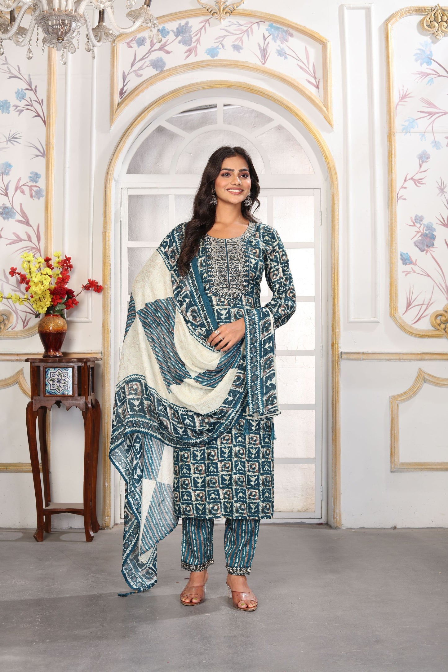 Stylish Rama Green Printed Rayon Salwar Suit with Matching Dupatta