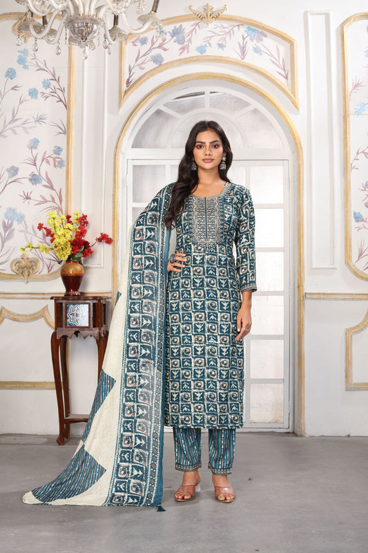 Stylish Rama Green Printed Rayon Salwar Suit with Matching Dupatta