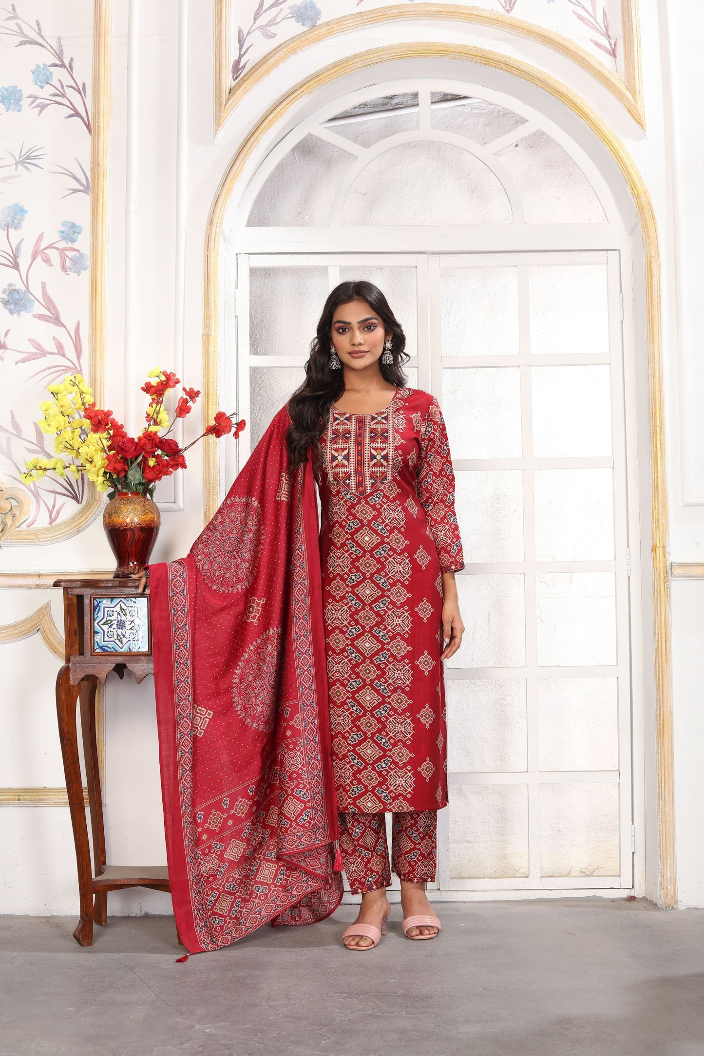 Graceful Red Printed Chanderi Salwar Suit with Matching Dupatta