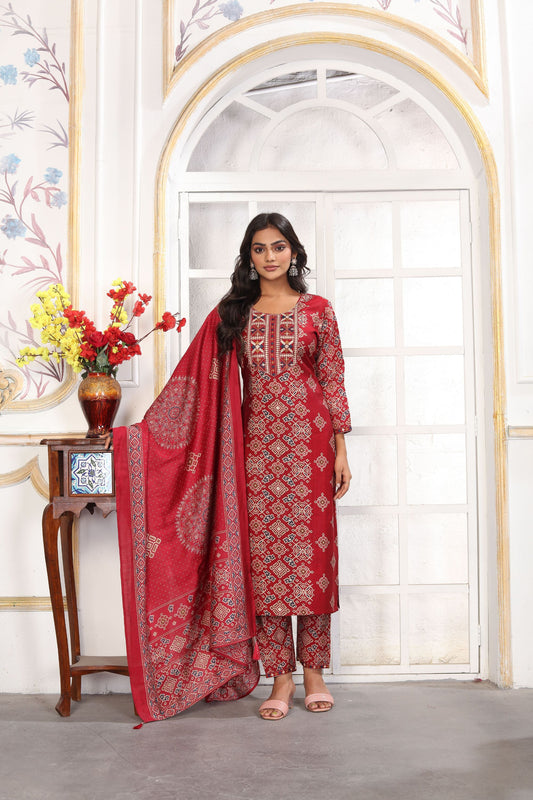 Graceful Red Printed Chanderi Salwar Suit with Matching Dupatta