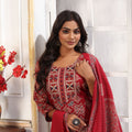 Graceful Red Printed Chanderi Salwar Suit with Matching Dupatta