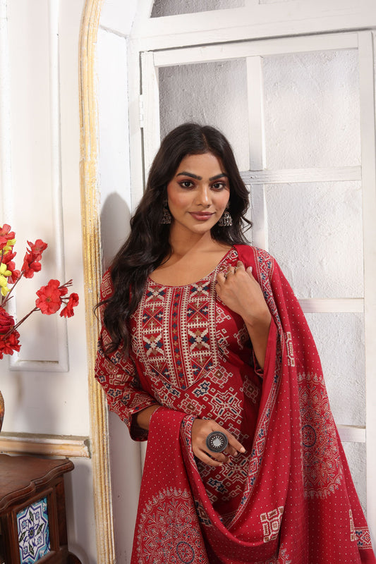 Graceful Red Printed Chanderi Salwar Suit with Matching Dupatta