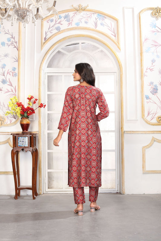 Graceful Red Printed Chanderi Salwar Suit with Matching Dupatta