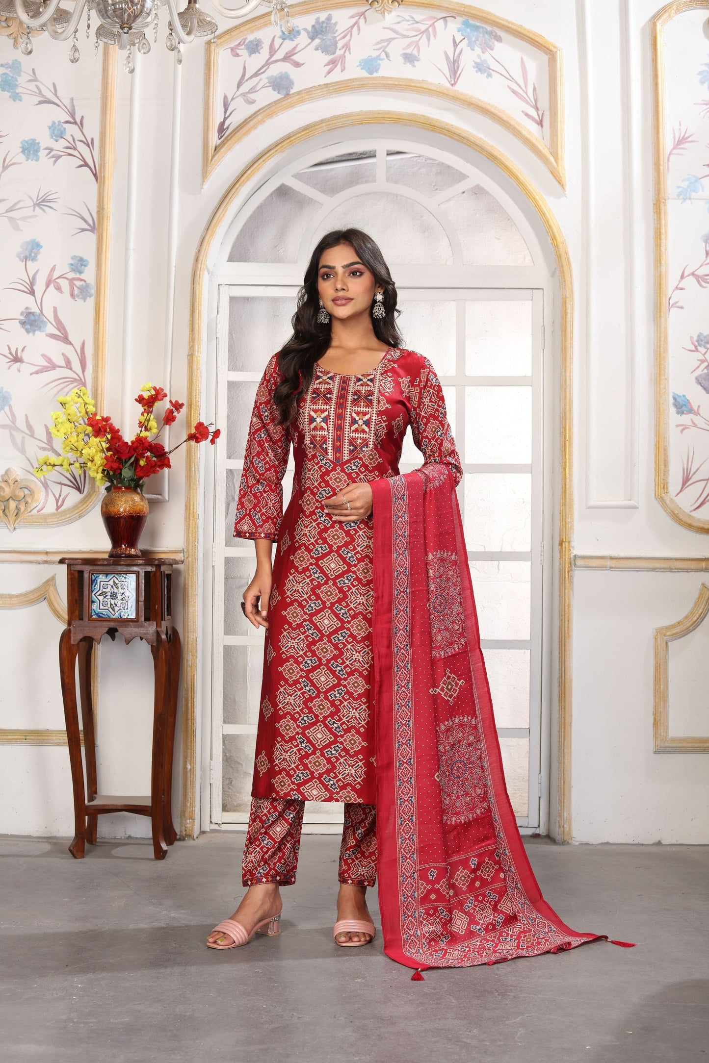 Graceful Red Printed Chanderi iSalwar Suit with Matching Dupatta