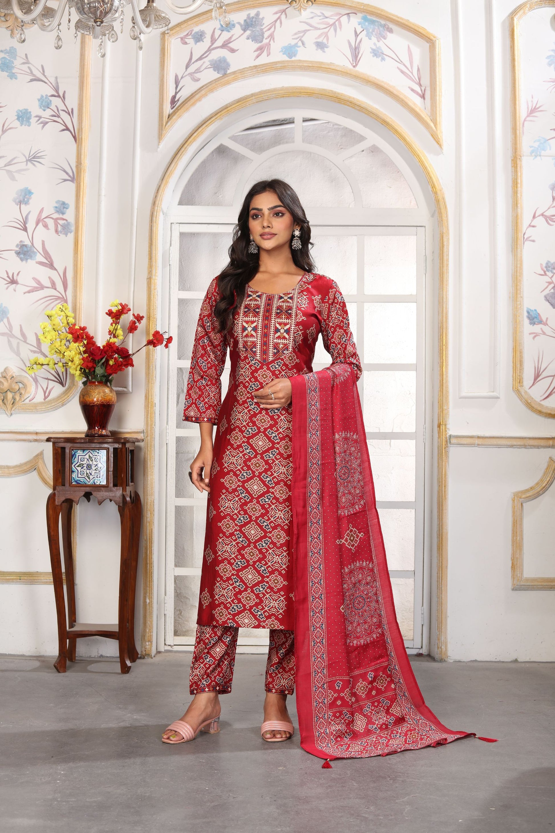 Graceful Red Printed Chanderi iSalwar Suit with Matching Dupatta