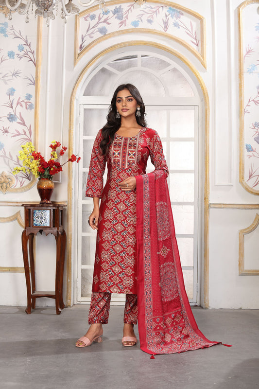 Graceful Red Printed Chanderi iSalwar Suit with Matching Dupatta