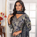 Stunning Black Floral Printed Chanderi Salwar Suit with Matching Dupatta