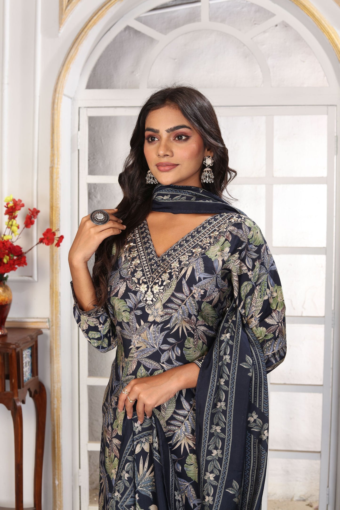 Stunning Black Floral Printed Chanderi Salwar Suit with Matching Dupatta