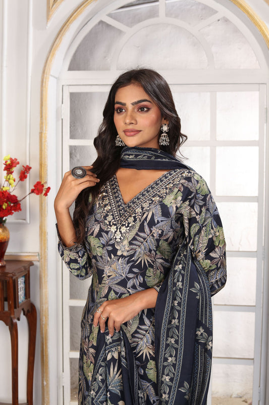Stunning Black Floral Printed Chanderi Salwar Suit with Matching Dupatta