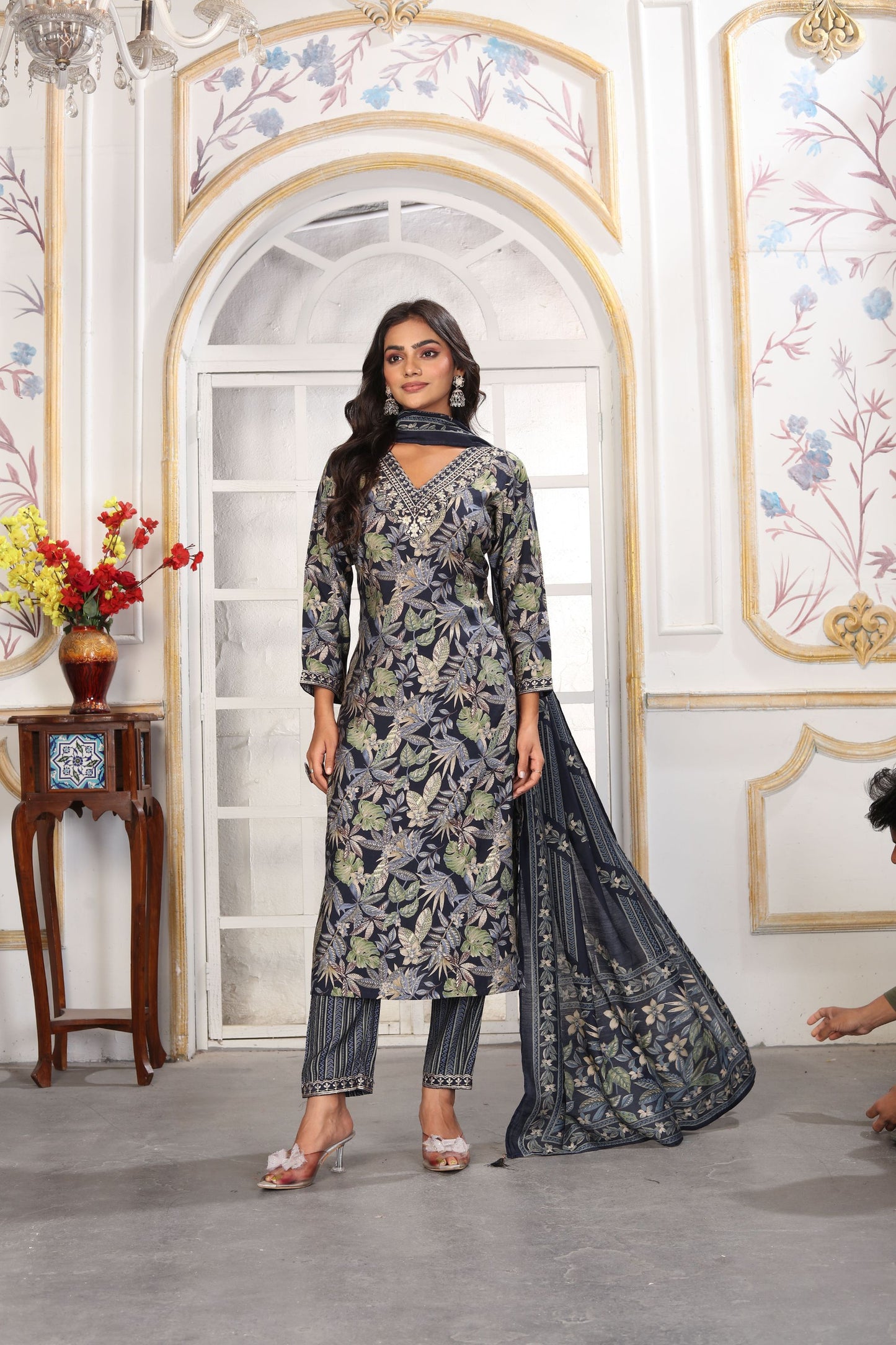 Stunning Black Floral Printed Chanderi Salwar Suit with Matching Dupatta