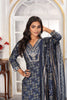 Charming Navy Blue Printed Chanderi Salwar Suit with Embroidered V-Neck and Matching Dupatta