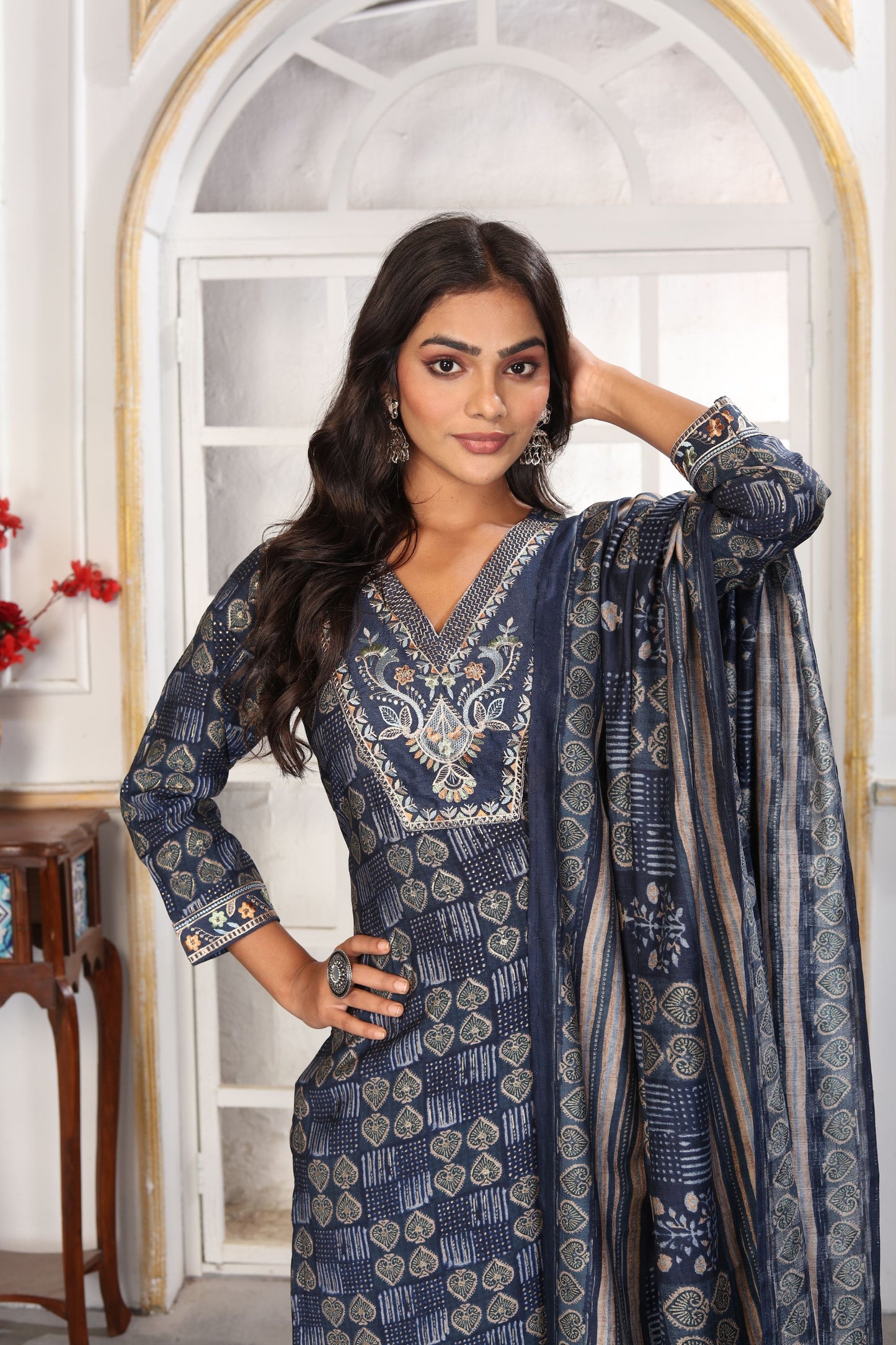Charming Navy Blue Printed Chanderi Salwar Suit with Embroidered V-Neck and Matching Dupatta