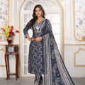 Charming Navy Blue Printed Chanderi Salwar Suit with Embroidered V-Neck and Matching Dupatta