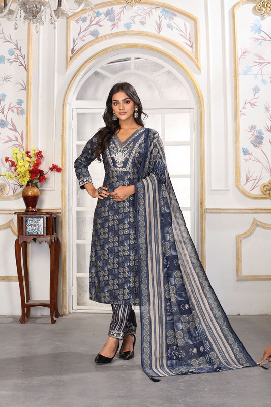 Charming Navy Blue Printed Chanderi Salwar Suit with Embroidered V-Neck and Matching Dupatta