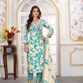 Cool Sea Green Printed Rayon Salwar Suit with Embroidered V-Neck and Matching Dupatta