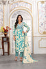 Cool Sea Green Printed Rayon Salwar Suit with Embroidered V-Neck and Matching Dupatta
