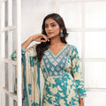 Cool Sea Green Printed Rayon Salwar Suit with Embroidered V-Neck and Matching Dupatta
