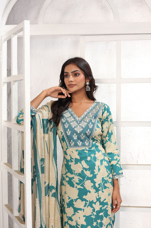 Cool Sea Green Printed Rayon Salwar Suit with Embroidered V-Neck and Matching Dupatta