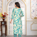 Cool Sea Green Printed Rayon Salwar Suit with Embroidered V-Neck and Matching Dupatta