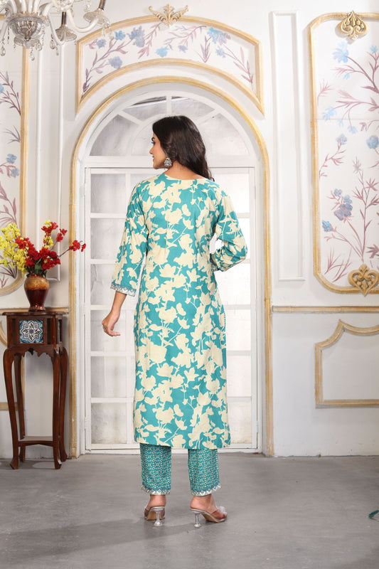Cool Sea Green Printed Rayon Salwar Suit with Embroidered V-Neck and Matching Dupatta