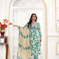 Cool Sea Green Printed Chanderi Salwar Suit with Embroidered V-Neck and Matching Dupatta