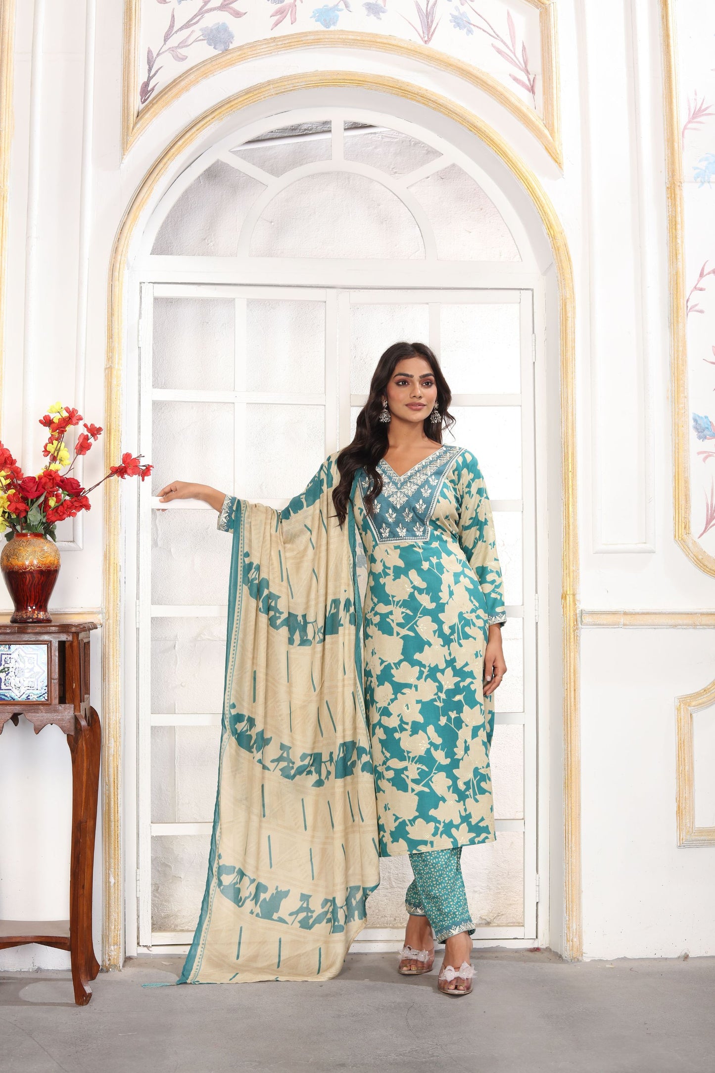 Cool Sea Green Printed Chanderi Salwar Suit with Embroidered V-Neck and Matching Dupatta