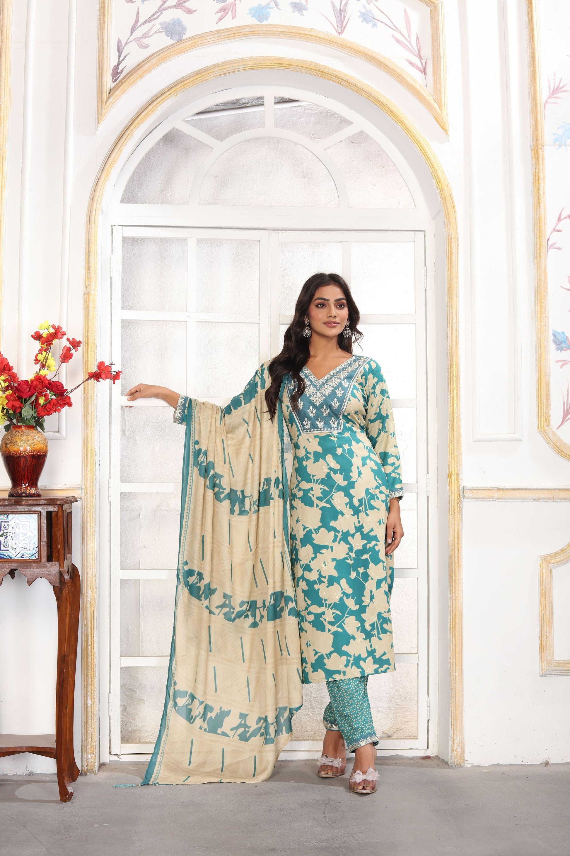 Cool Sea Green Printed Chanderi Salwar Suit with Embroidered V-Neck and Matching Dupatta
