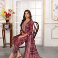 Elegant Maroon Printed Chanderi Salwar Suit with Embroidered V-Neck and Matching Dupatta