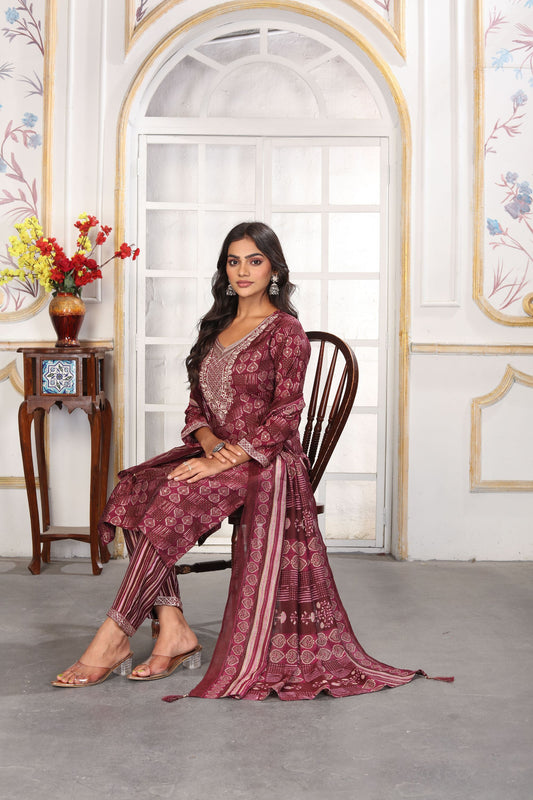 Elegant Maroon Printed Chanderi Salwar Suit with Embroidered V-Neck and Matching Dupatta