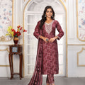 Elegant Maroon Printed Chanderi Salwar Suit with Embroidered V-Neck and Matching Dupatta