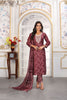 Elegant Maroon Printed Chanderi Salwar Suit with Embroidered V-Neck and Matching Dupatta
