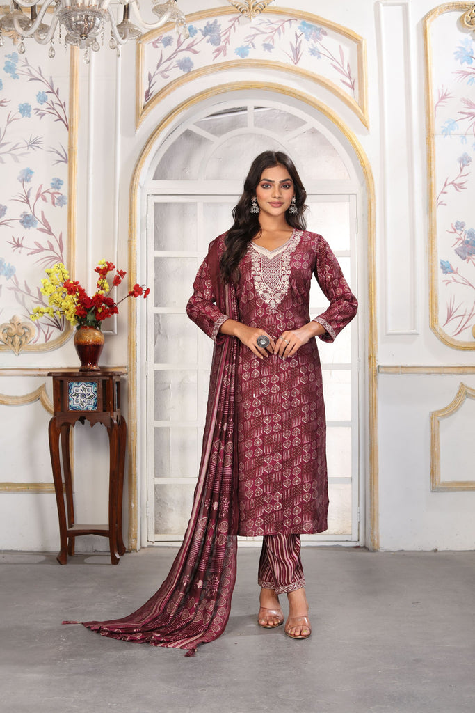 Elegant Maroon Printed Chanderi Salwar Suit with Embroidered V-Neck and Matching Dupatta