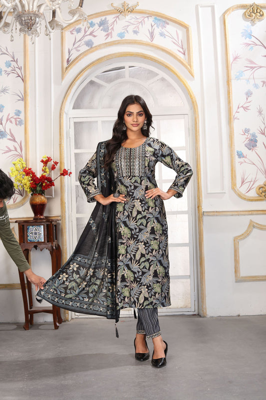 Trendy Black and Floral Printed Chanderi Salwar Suit with Matching Dupatta