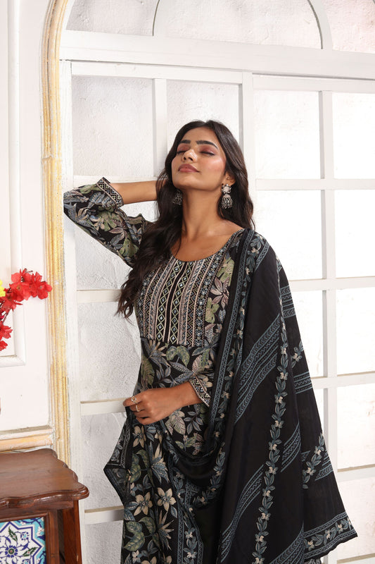 Trendy Black and Floral Printed Chanderi Salwar Suit with Matching Dupatta