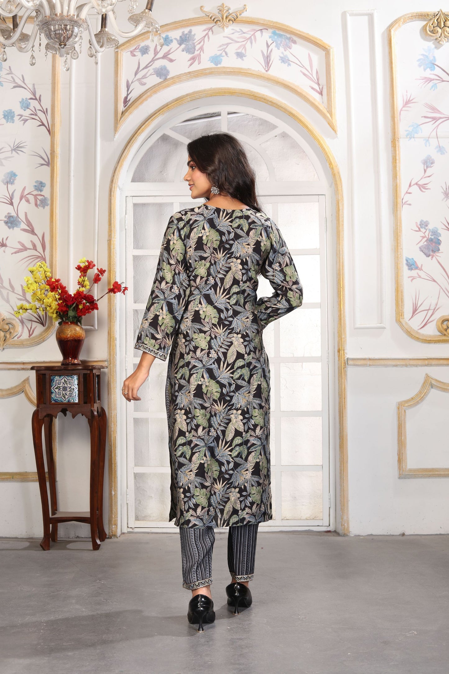 Trendy Black and Floral Printed Chanderi Salwar Suit with Matching Dupatta