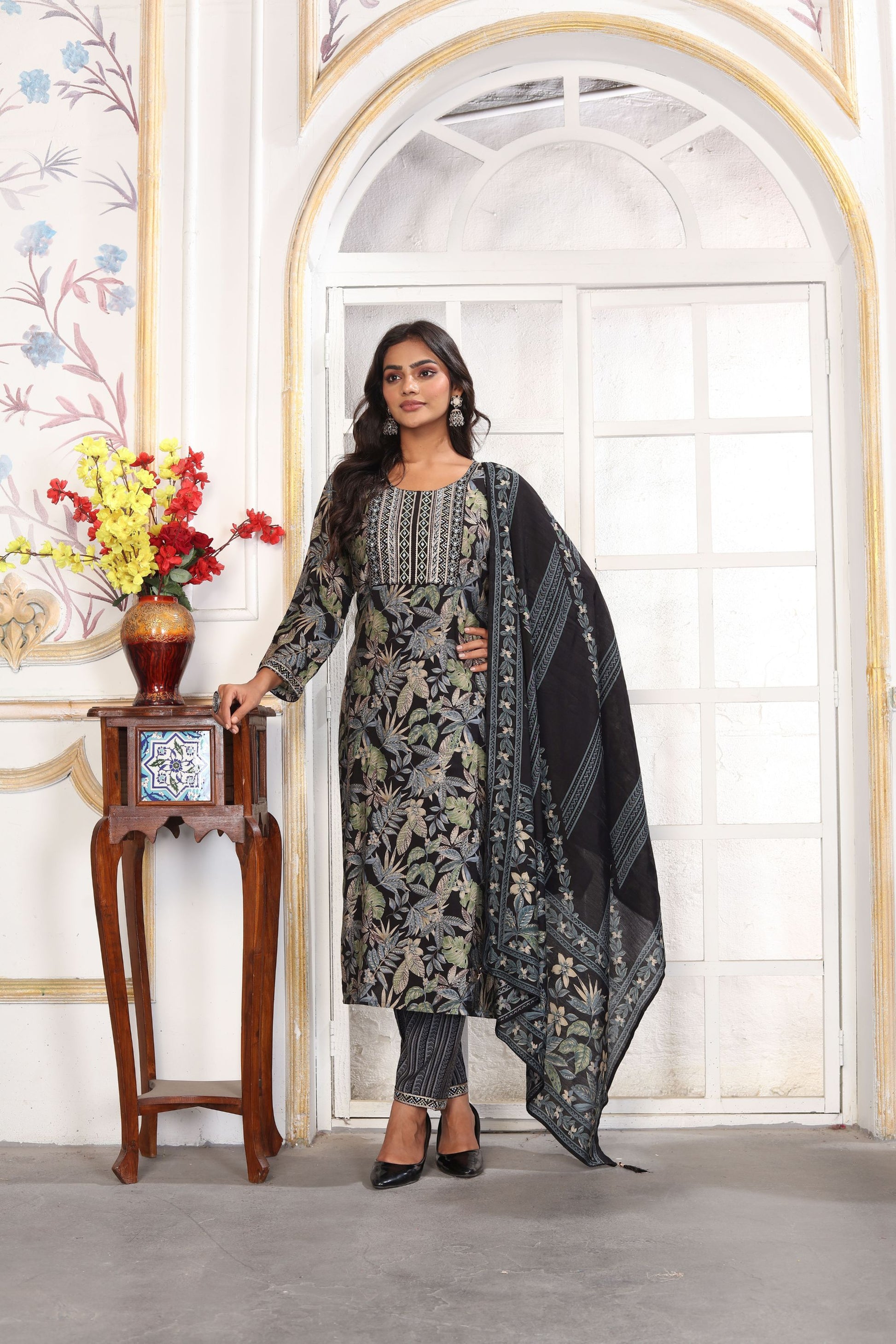 Trendy Black and Floral Printed Chanderi Salwar Suit with Matching Dupatta