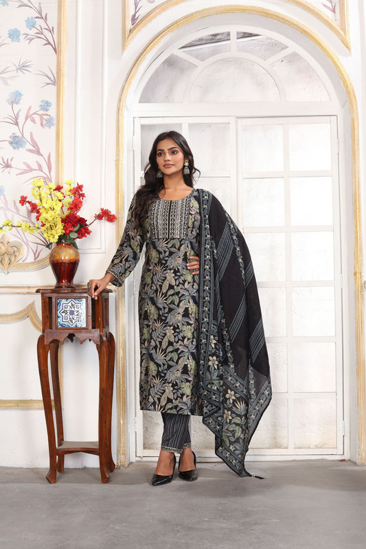 Trendy Black and Floral Printed Chanderi Salwar Suit with Matching Dupatta