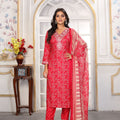 Gorgeous Red Printed Rayon Salwar Suit with Embroidered V-Neck and Matching Dupatta