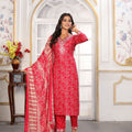 Gorgeous Red Printed Rayon Salwar Suit with Embroidered V-Neck and Matching Dupatta