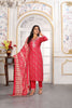 Gorgeous Red Printed Rayon Salwar Suit with Embroidered V-Neck and Matching Dupatta