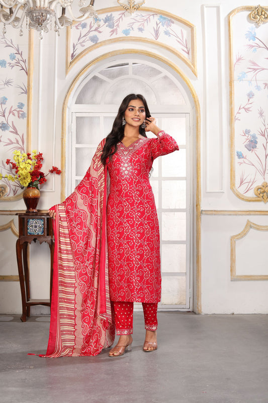 Gorgeous Red Printed Rayon Salwar Suit with Embroidered V-Neck and Matching Dupatta
